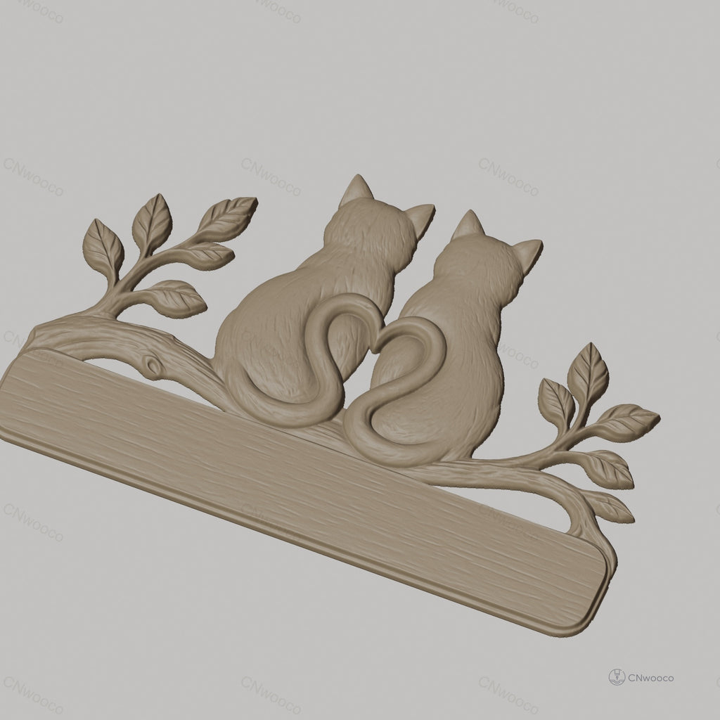 Fichier CNC & impression 3D support décoration chat amoureux, cœur et branche, STL très haute qualité