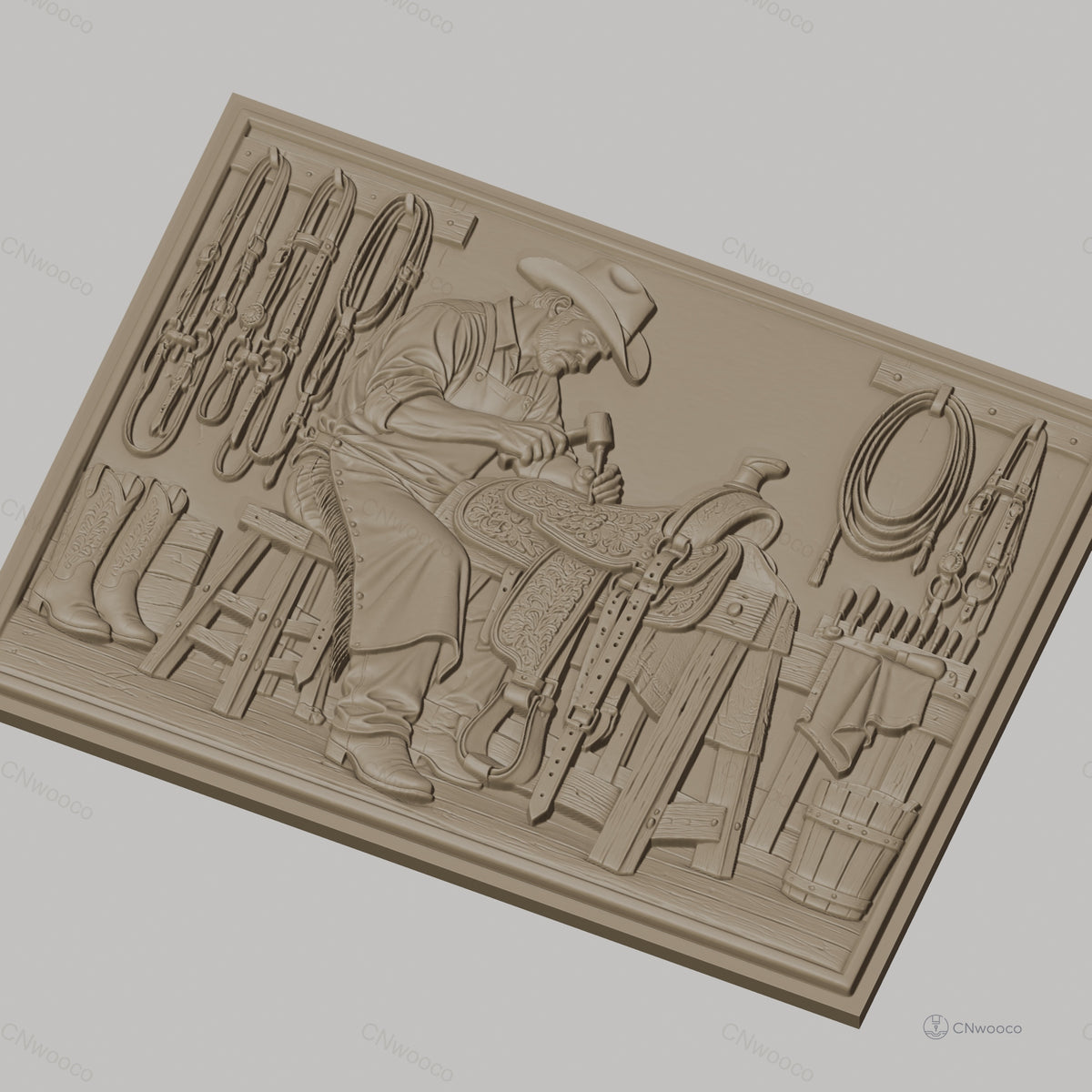 Fichier CNC & impression 3D artiste sellier, cowboy, selle et outils, haute qualité relief STL