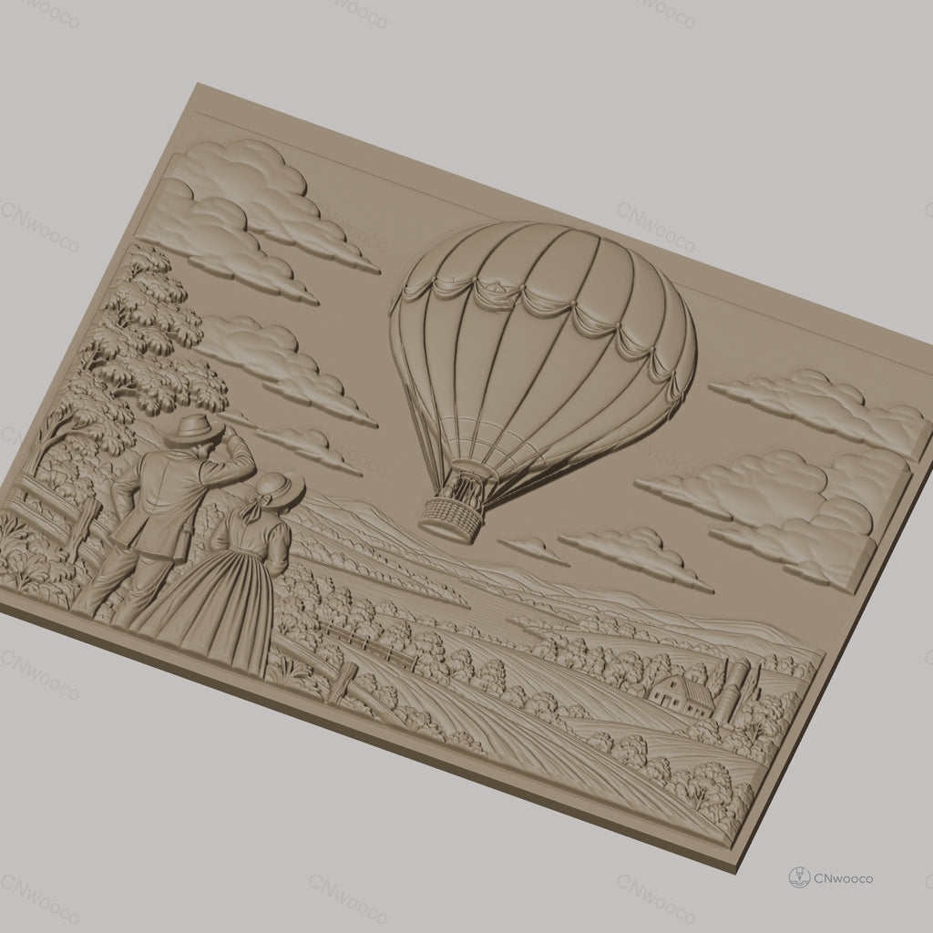 Fichier CNC & impression 3D montgolfière, couple vintage champêtre, haute qualité relief STL