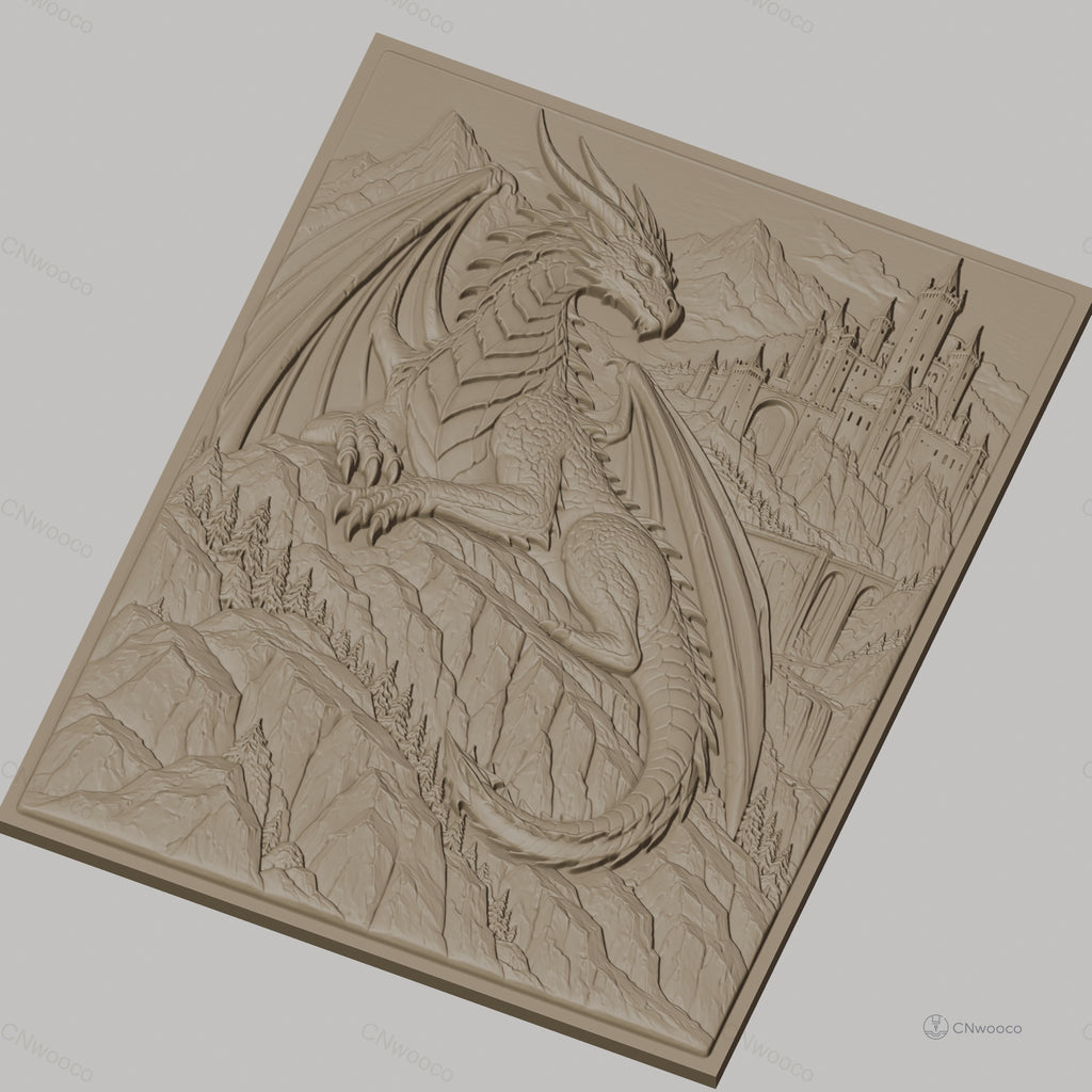 Fichier CNC & impression 3D dragon fantasy, château montagne relief, haute qualité relief STL