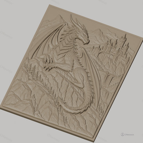 Fichier CNC & impression 3D dragon fantasy, château montagne relief, haute qualité relief STL