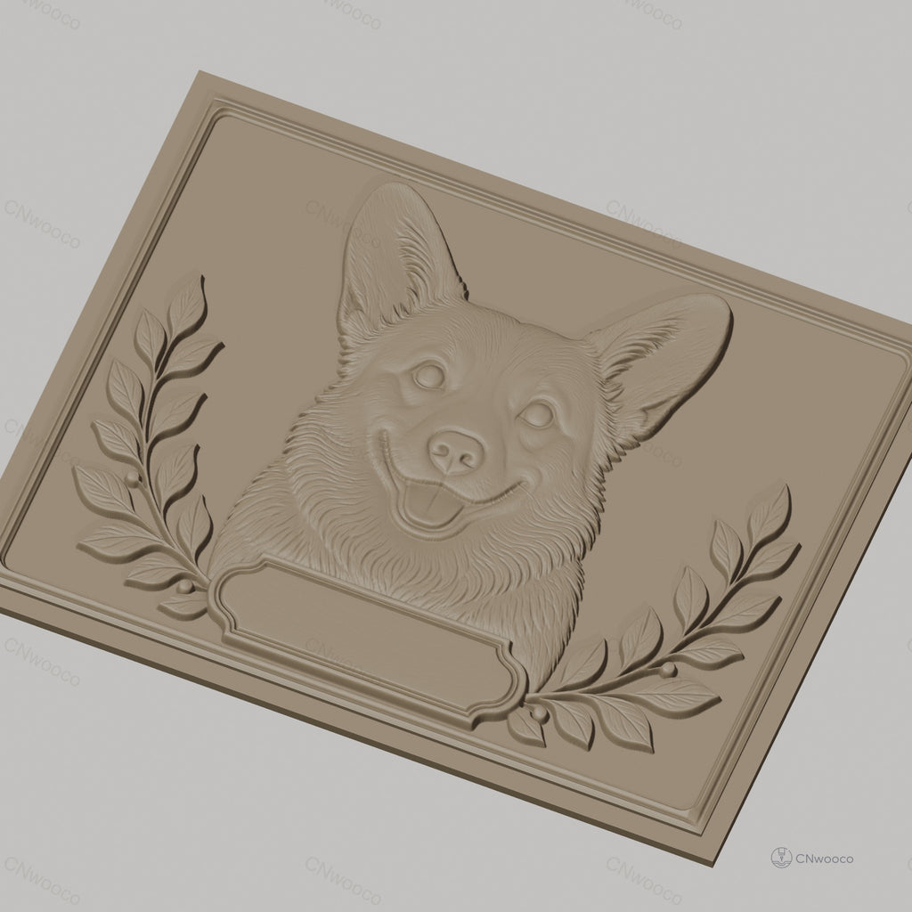 Fichier CNC & impression 3D chien Corgi visage, feuilles décoratives, haute qualité relief STL