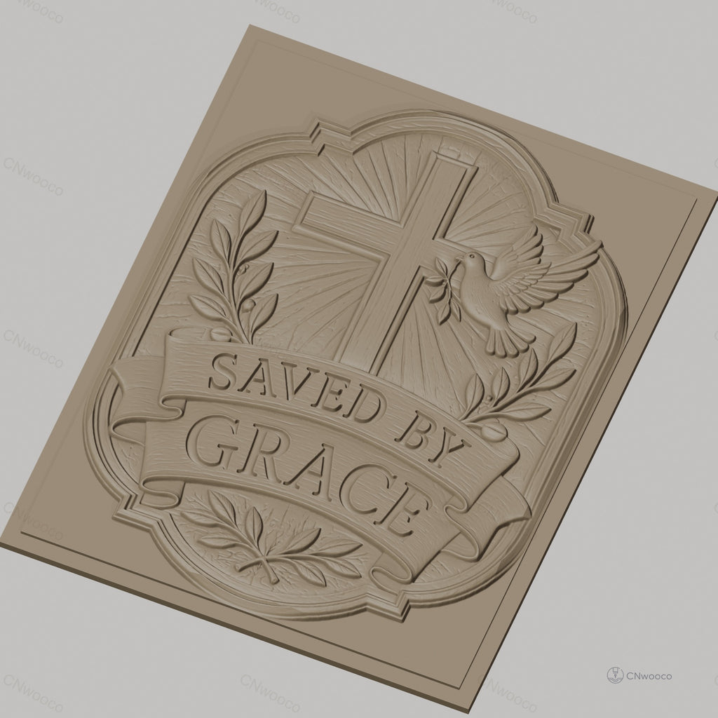 Fichier CNC & impression 3D Croix chrétienne, colombe de la paix, bannière Saved by Grace, feuillage, haute qualité relief STL