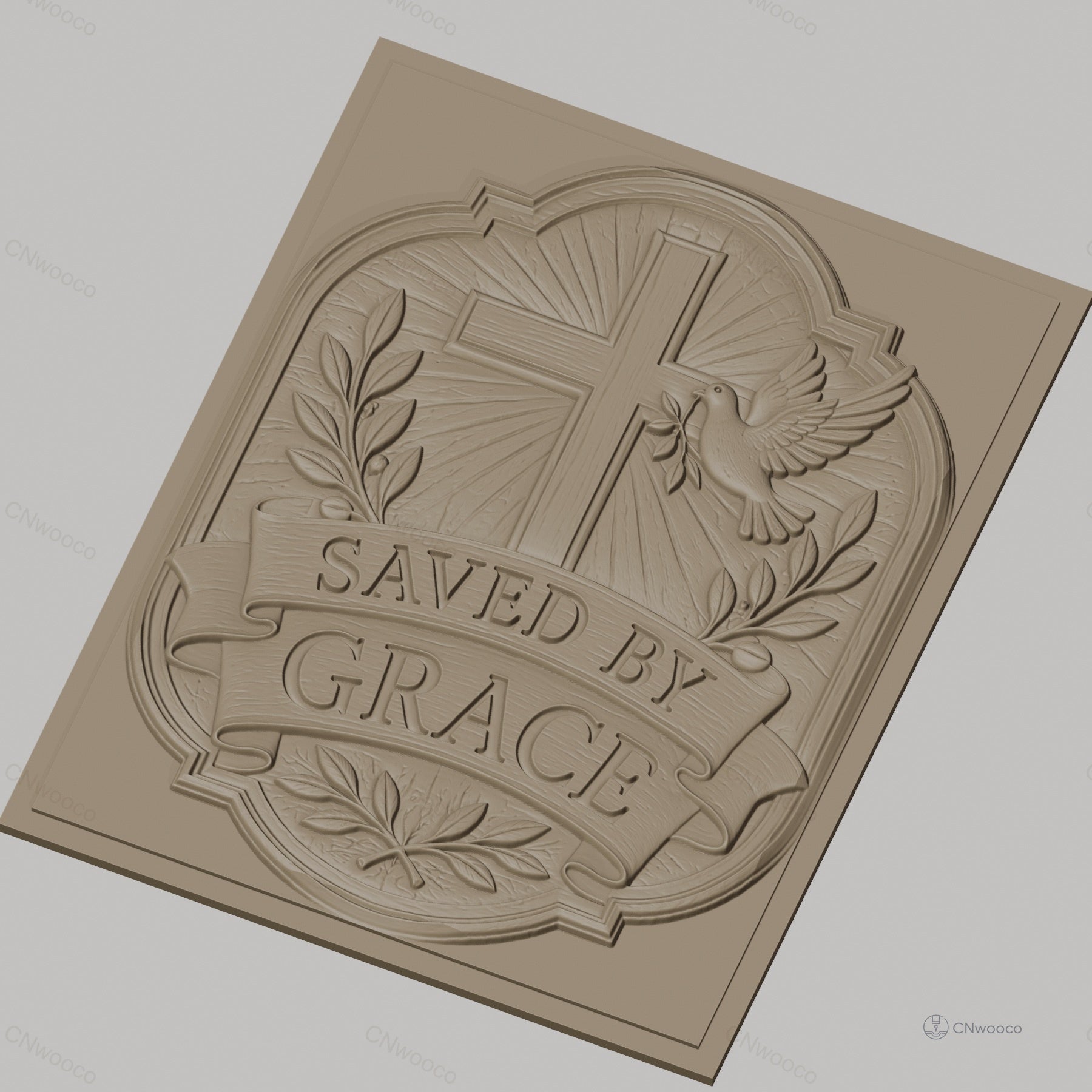 Fichier CNC & impression 3D Croix chrétienne, colombe de la paix, bannière Saved by Grace, feuillage, haute qualité relief STL