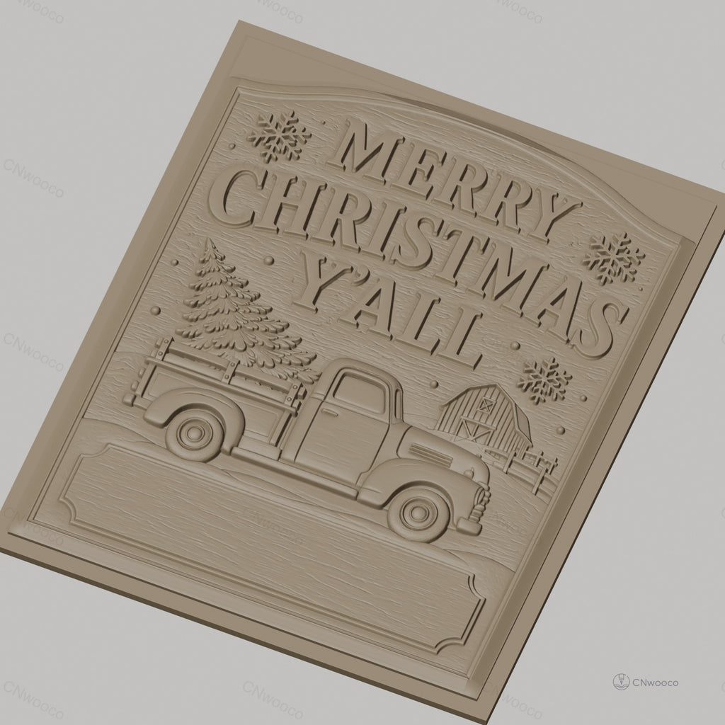 Fichier CNC & impression 3D thème Noël, camion de ferme avec sapin et grange, haute qualité relief STL