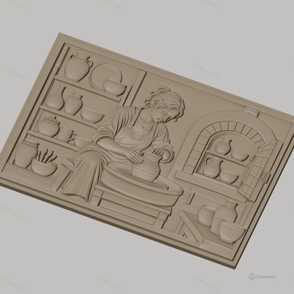 Fichier CNC & impression 3D scène potier femme, tour de potier, pots, atelier, haute qualité relief STL