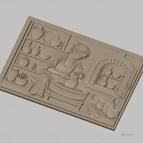 Fichier CNC & impression 3D scène potier femme, tour de potier, pots, atelier, haute qualité relief STL