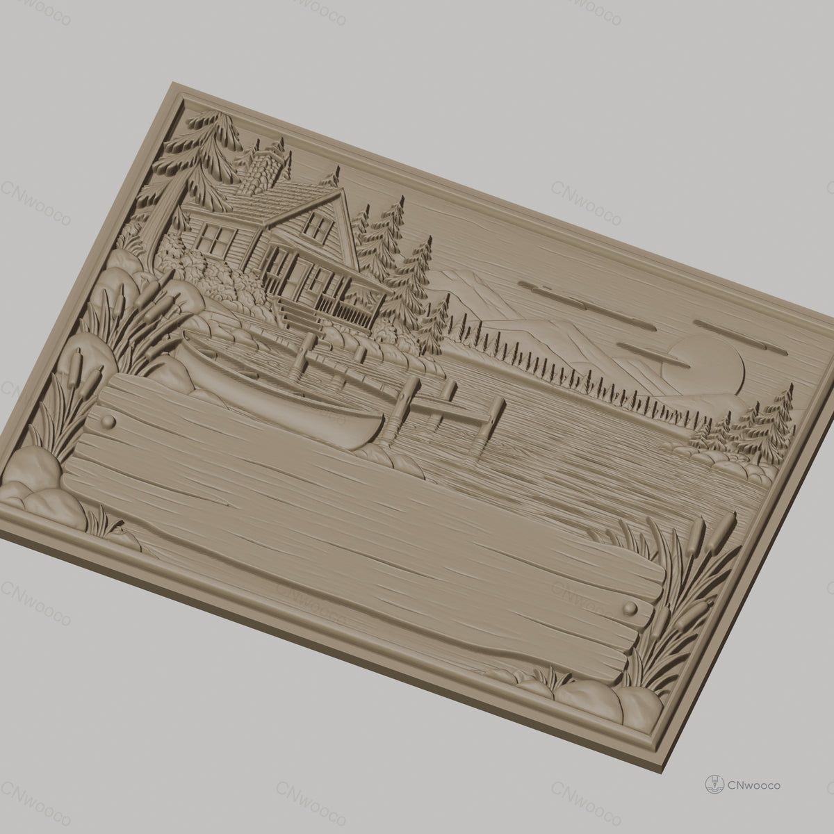 Fichier CNC & impression 3D cabane au bord du lac, bateau, ponton et paysage nature, haute qualité relief STL