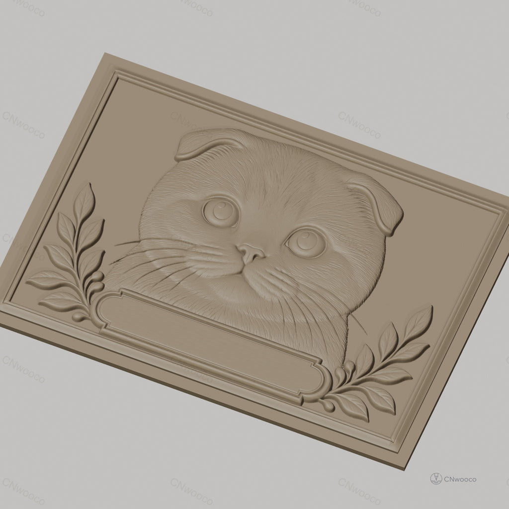 Fichier CNC & impression 3D chat Scottish Fold, visage mignon avec feuilles décoratives, haute qualité relief STL