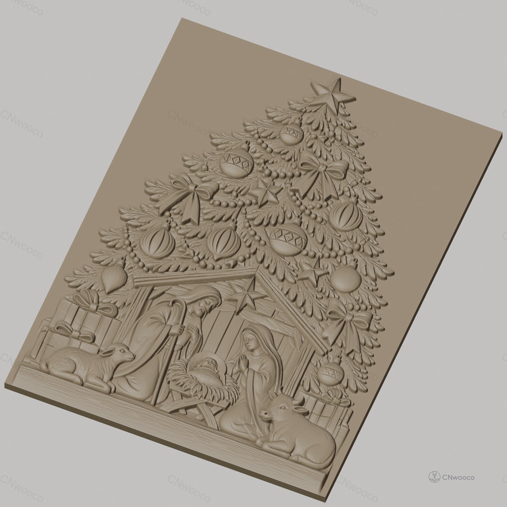 Fichier CNC & impression 3D scène de la Nativité, sapin de Noël et décorations, haute qualité relief STL