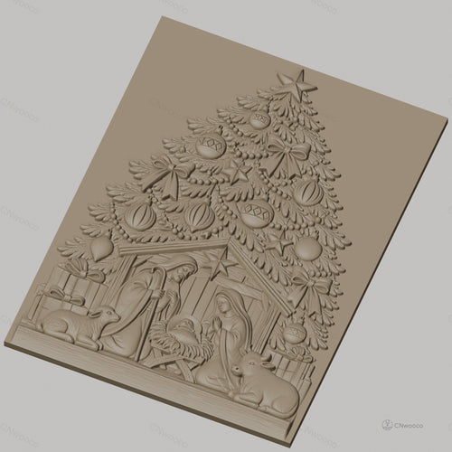 Fichier CNC & impression 3D scène de la Nativité, sapin de Noël et décorations, haute qualité relief STL