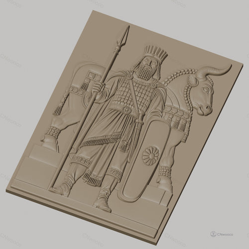 Fichier CNC & impression 3D roi antique avec bouclier et taureau décoratif, haute qualité relief STL