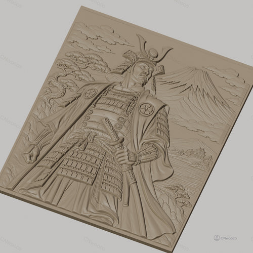 Fichier CNC & impression 3D samouraï japonais, relief avec guerrier, montagne et château, haute qualité relief STL