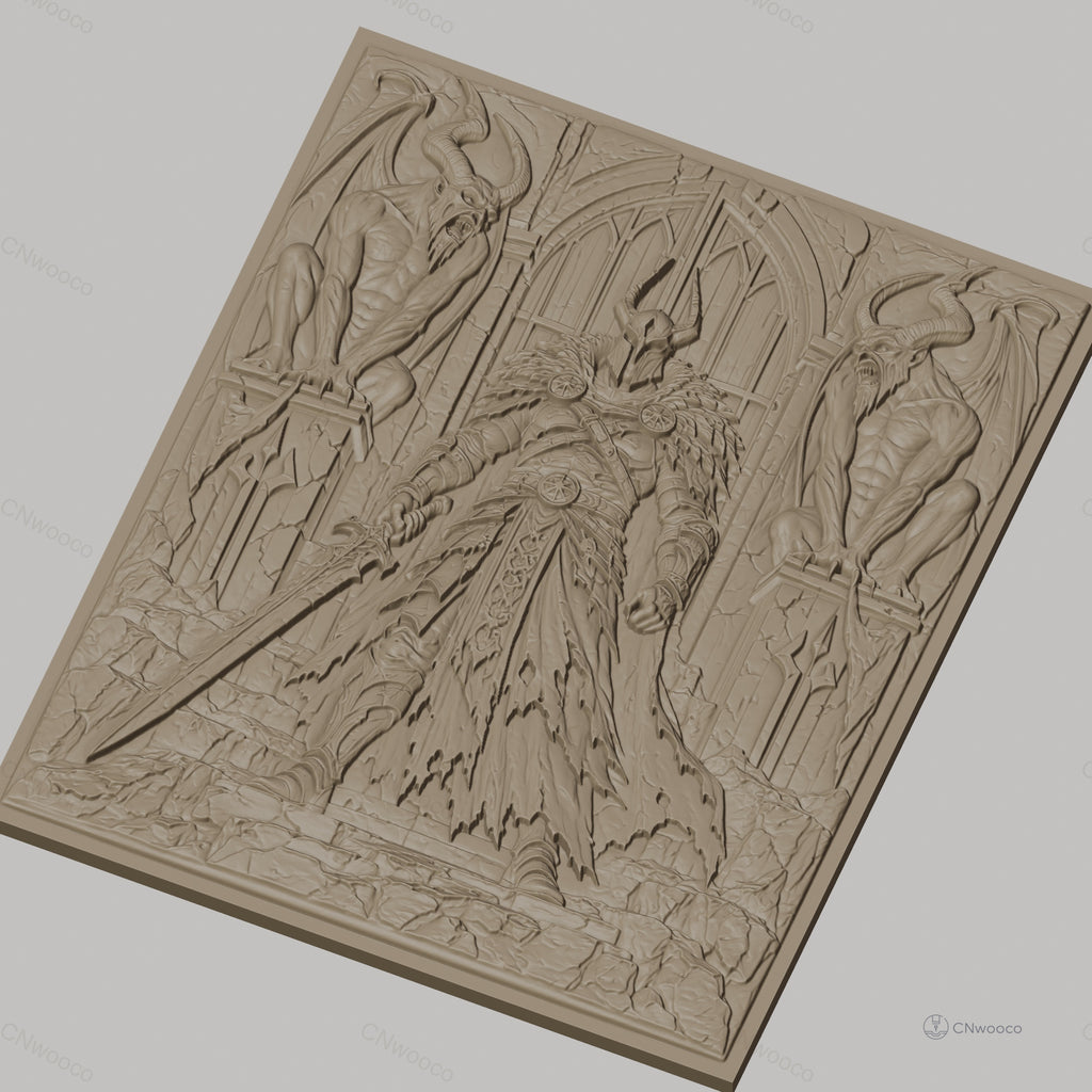 Fichier CNC & impression 3D guerrier médiéval avec épée et gargouilles, haute qualité relief STL