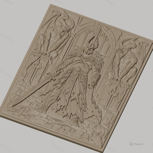 Fichier CNC & impression 3D guerrier médiéval avec épée et gargouilles, haute qualité relief STL