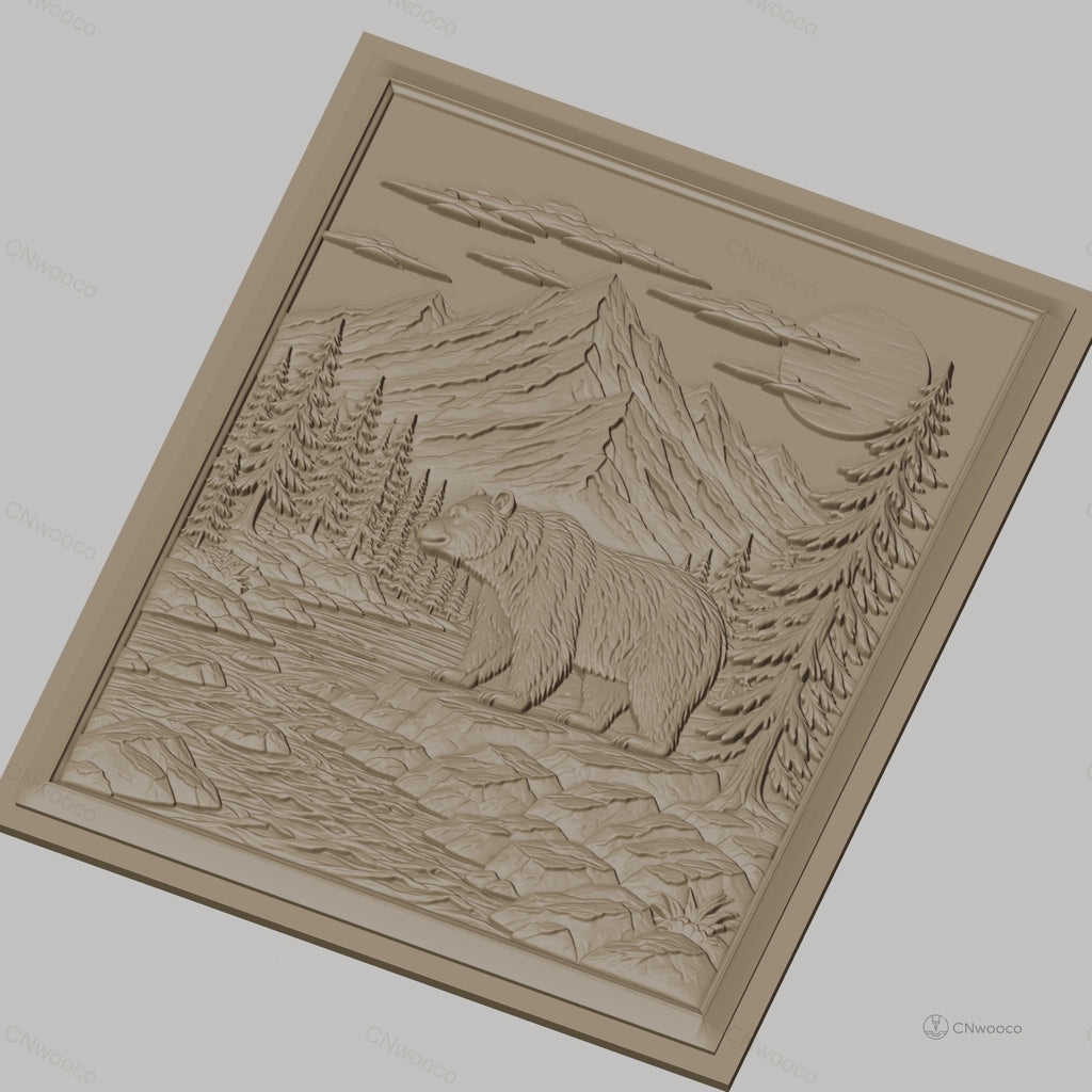 Fichier CNC & impression 3D nature sauvage, ours, rivière, montagnes, pins, haute qualité relief STL