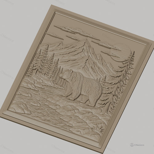 Fichier CNC & impression 3D nature sauvage, ours, rivière, montagnes, pins, haute qualité relief STL