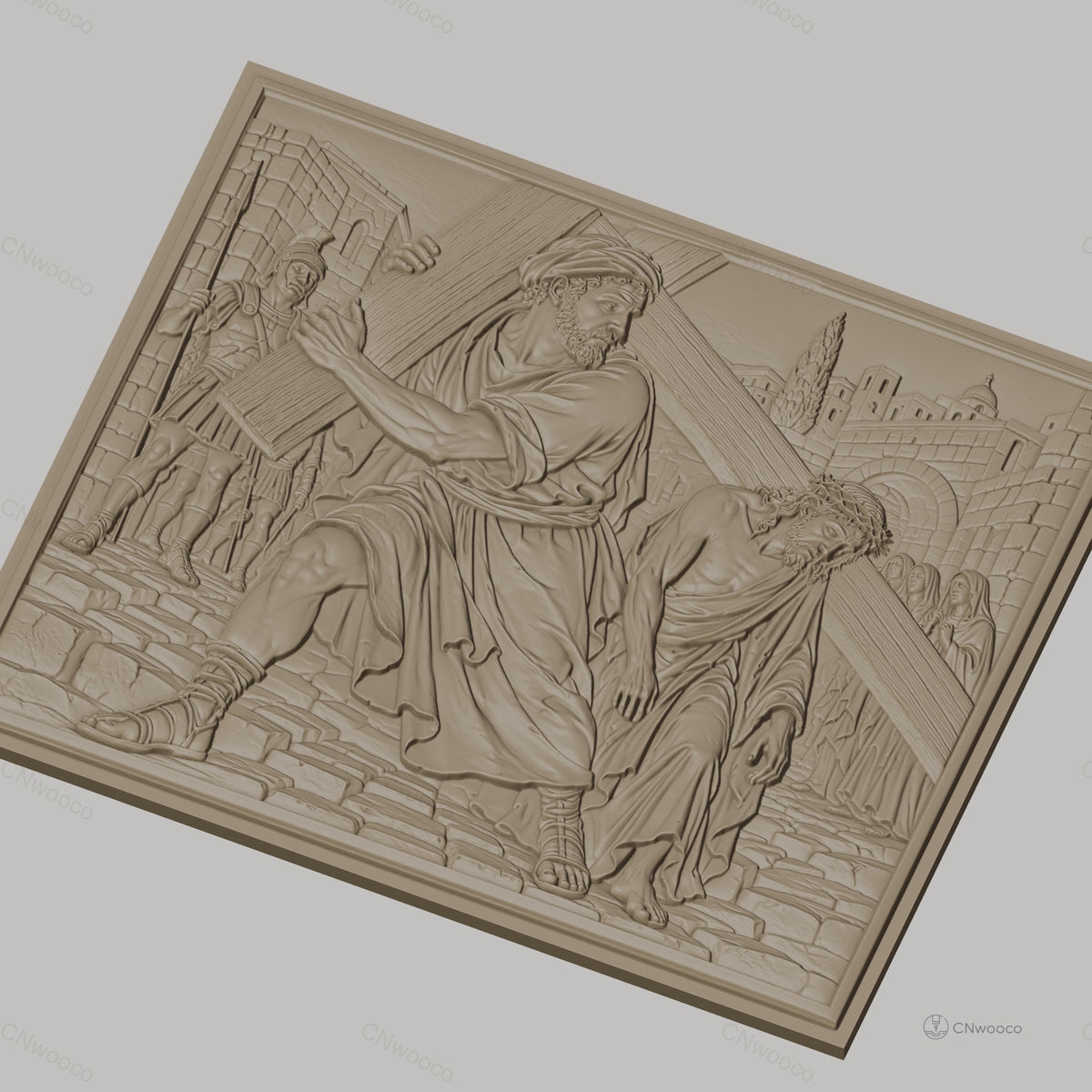 Fichier CNC & impression 3D scène religieuse, Jésus portant la croix avec Simon de Cyrène, haute qualité relief STL