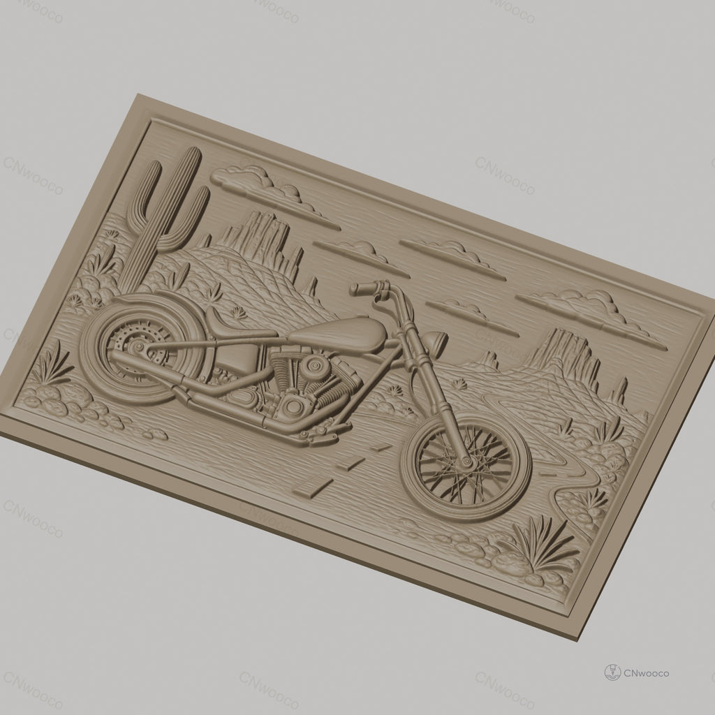 Fichier CNC & impression 3D moto custom chopper, désert avec cactus et montagnes, haute qualité relief STL