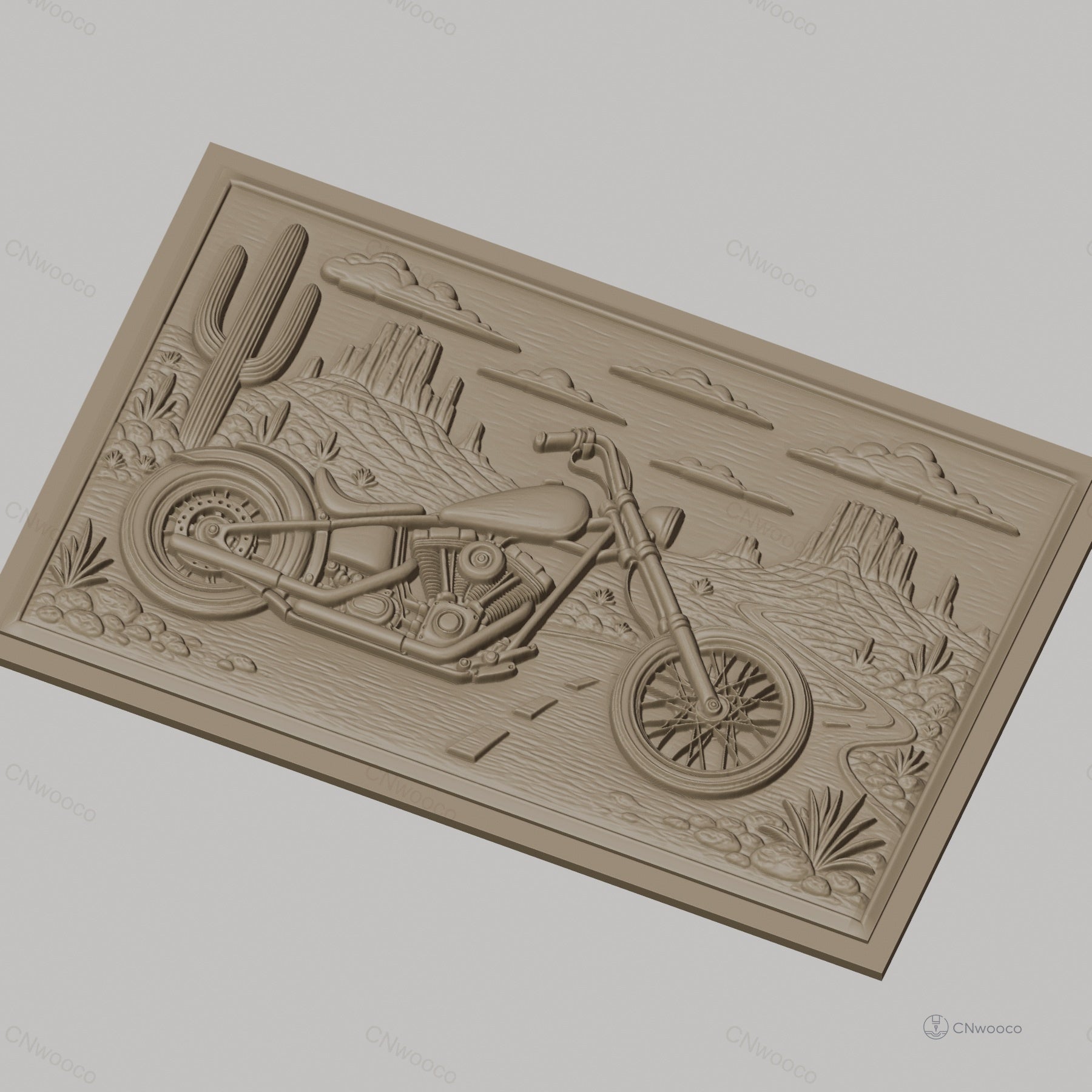 Fichier CNC & impression 3D moto custom chopper, désert avec cactus et montagnes, haute qualité relief STL