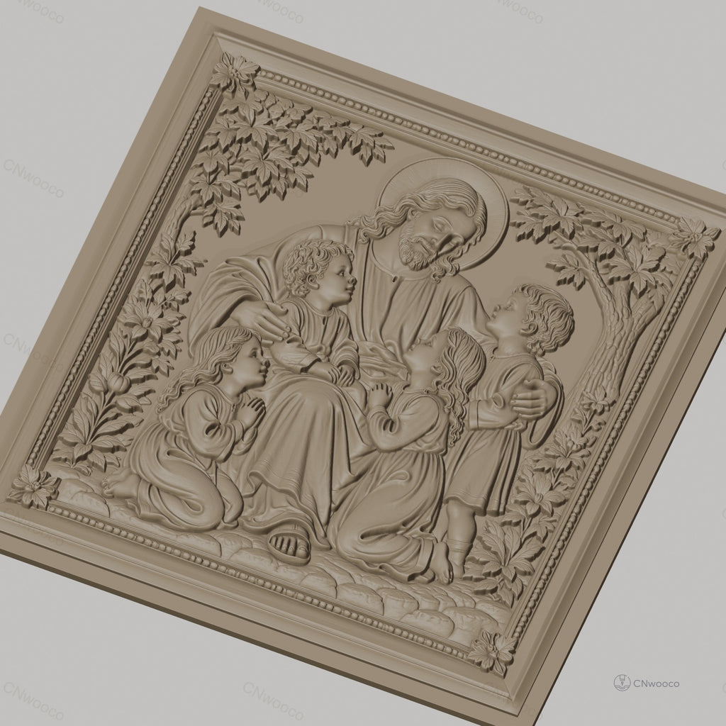 Fichier CNC & impression 3D Jésus avec enfants, scène religieuse florale, haute qualité relief STL