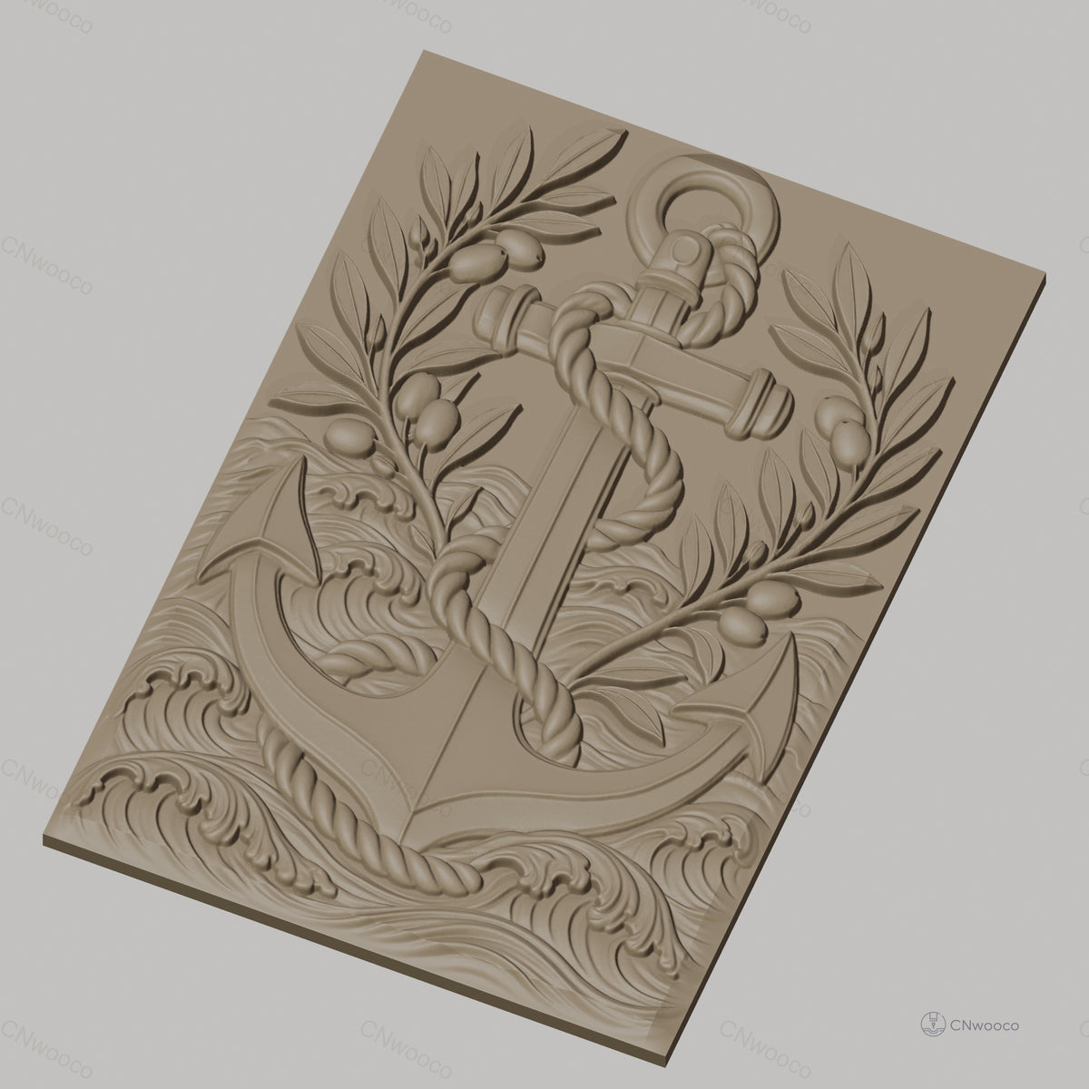 Fichier CNC & impression 3D ancre marine, corde, branches d'olivier, vagues, haute qualité relief STL