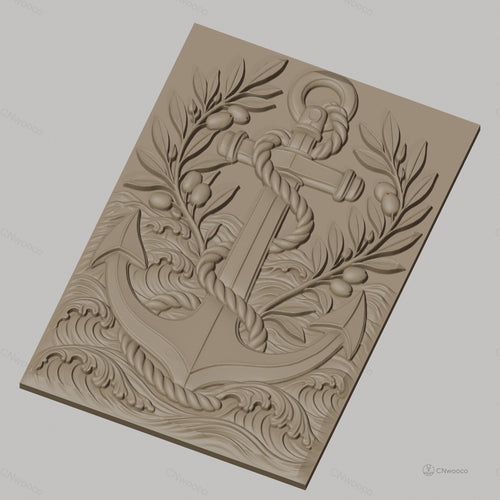 Fichier CNC & impression 3D ancre marine, corde, branches d'olivier, vagues, haute qualité relief STL