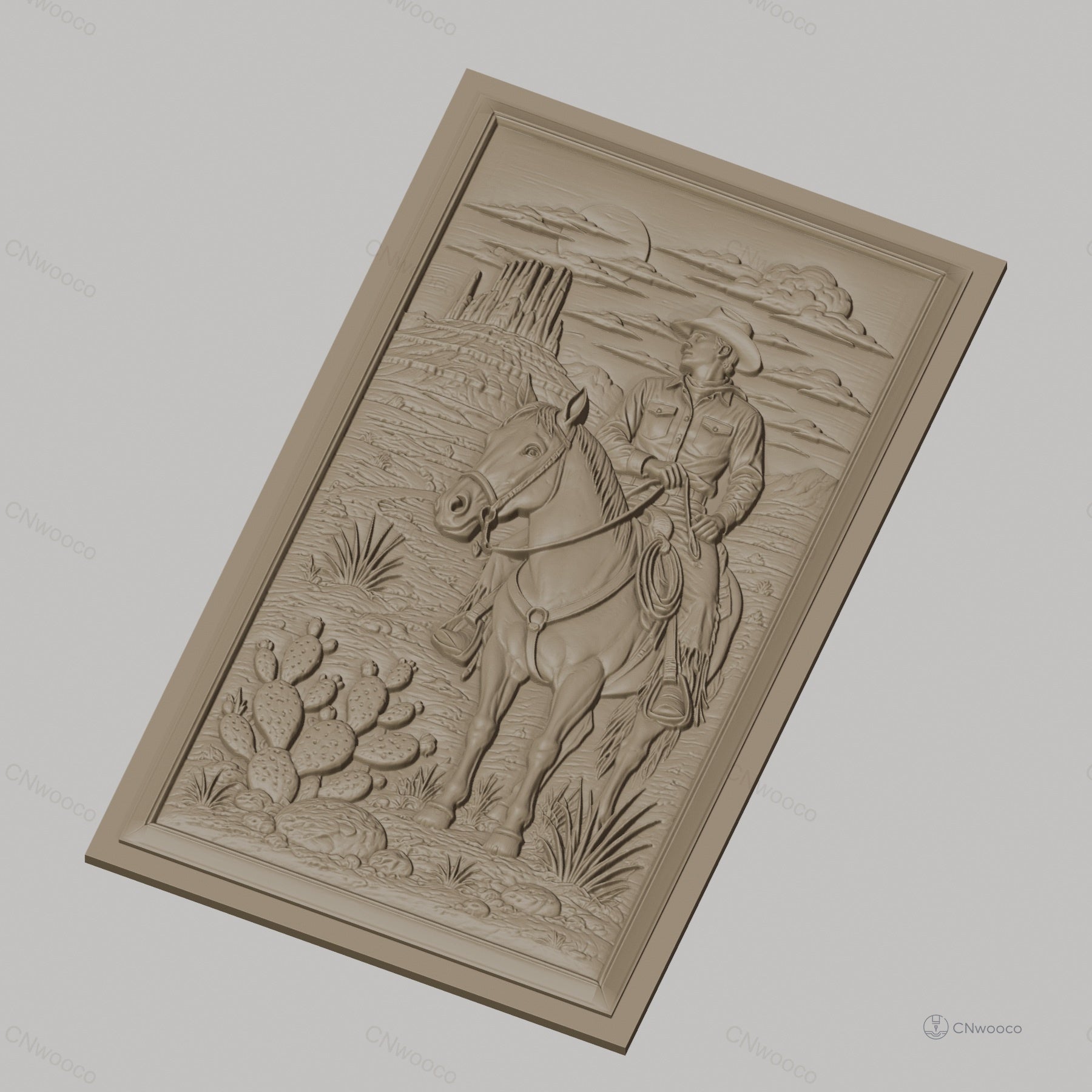 Fichier CNC & impression 3D cowboy à cheval désert cactus haute qualité relief STL