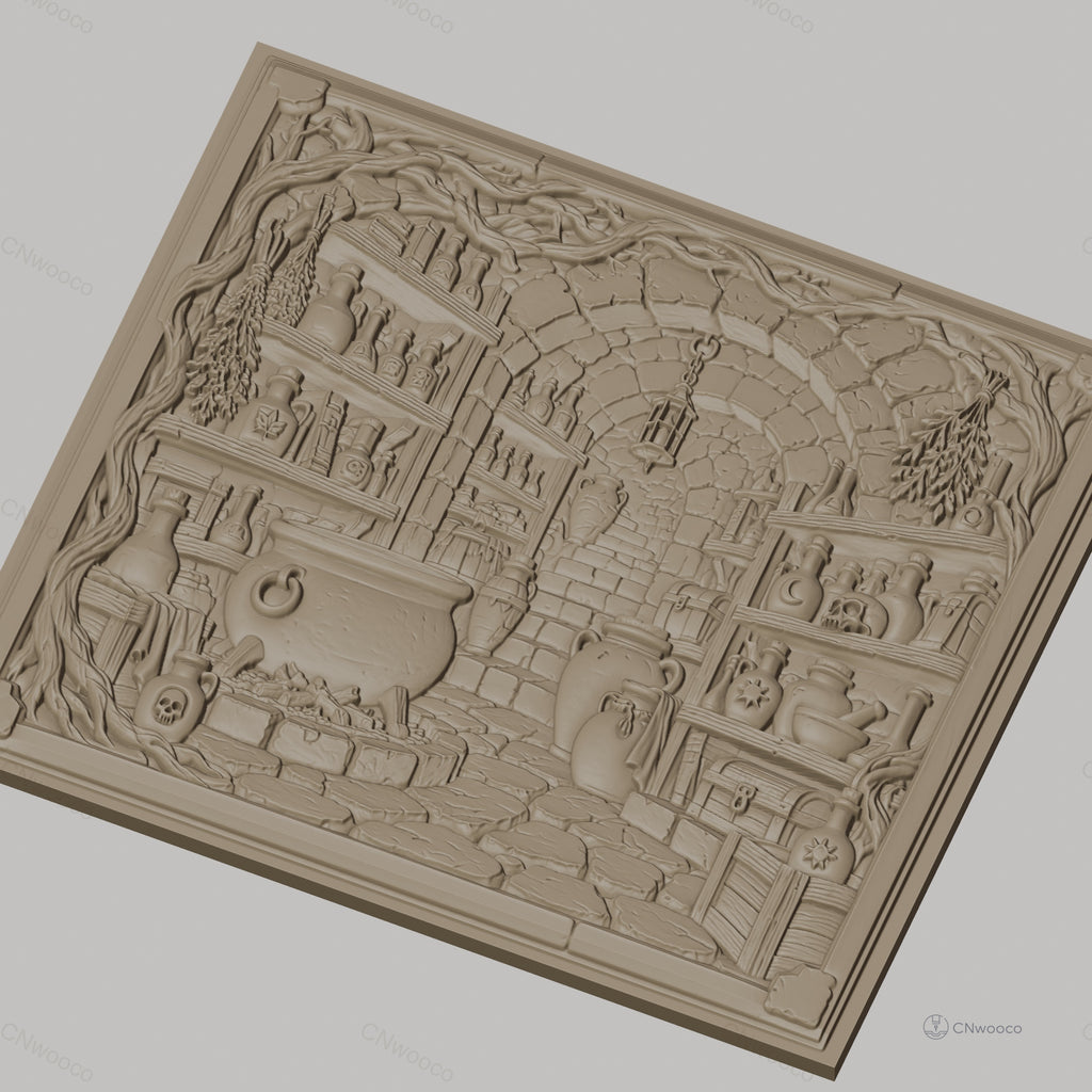 Fichier CNC & impression 3D laboratoire d'alchimie, chaudron, flacons, crâne, coffre, haute qualité relief STL
