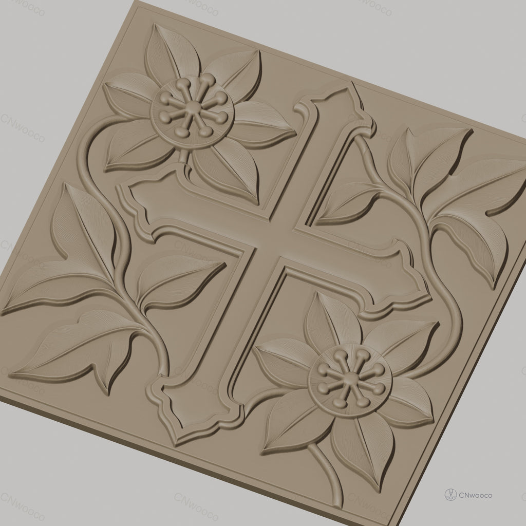 Fichier CNC & impression 3D croix fleurie avec feuilles et relief détaillé, haute qualité relief STL