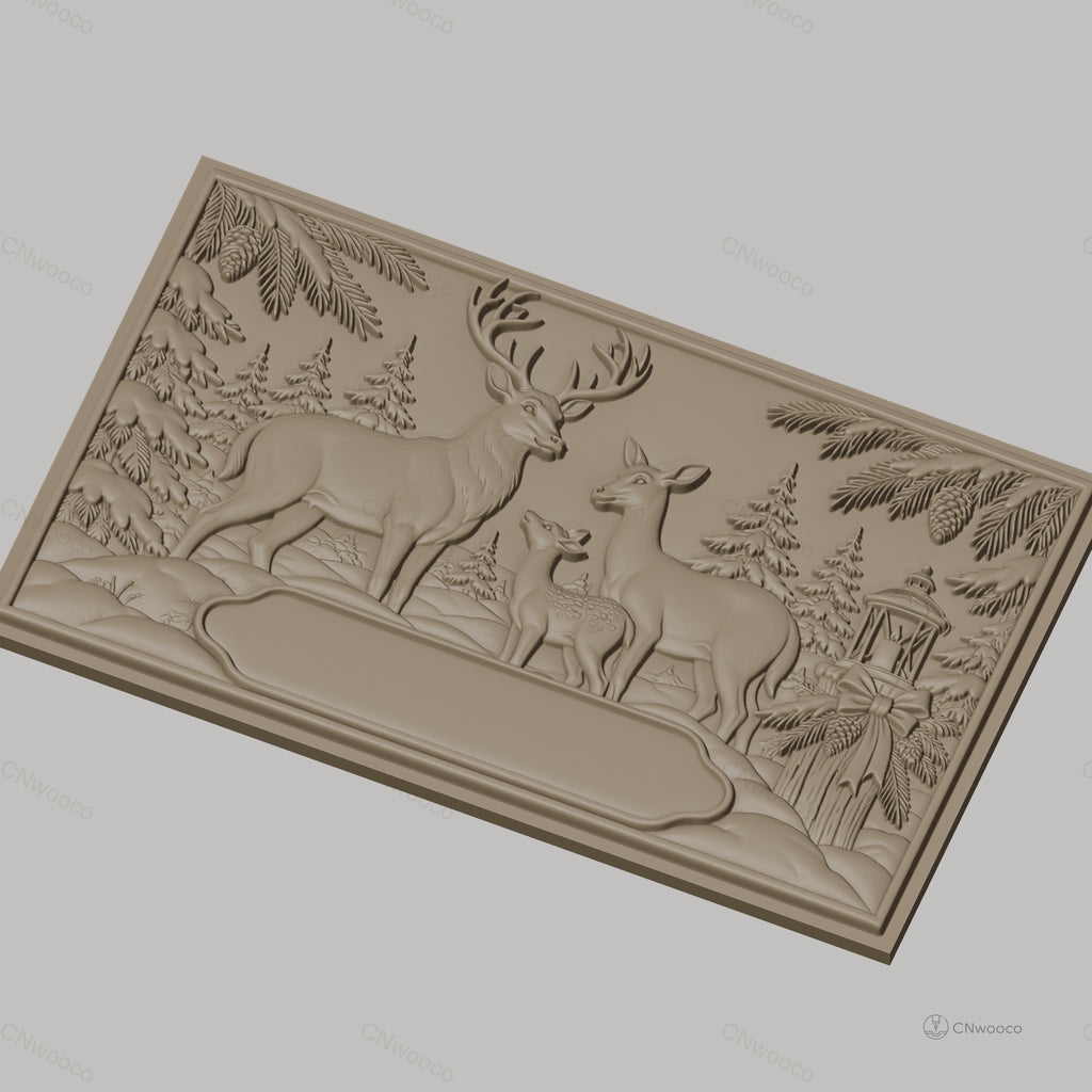 Fichier CNC & impression 3D famille de cerfs, forêt enneigée et lanterne, haute qualité relief STL