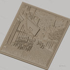 Fichier CNC & impression 3D scène de rue vintage avec café en plein air, bâtiments anciens et ciel étoilé, haute qualité relief STL