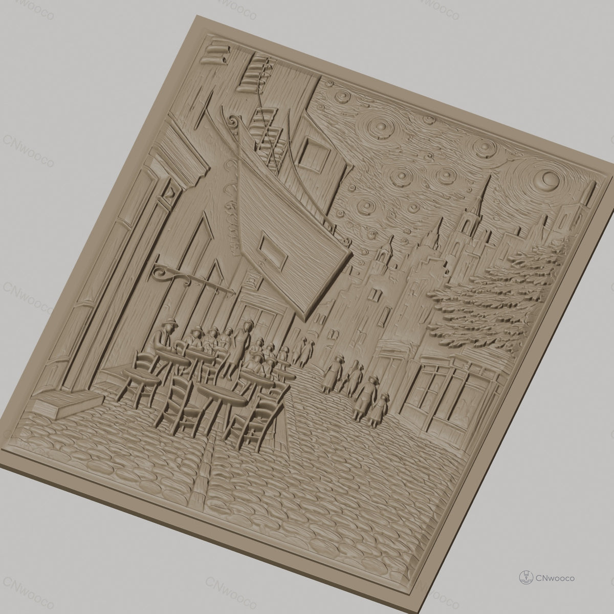 Fichier CNC & impression 3D scène de rue vintage avec café en plein air, bâtiments anciens et ciel étoilé, haute qualité relief STL