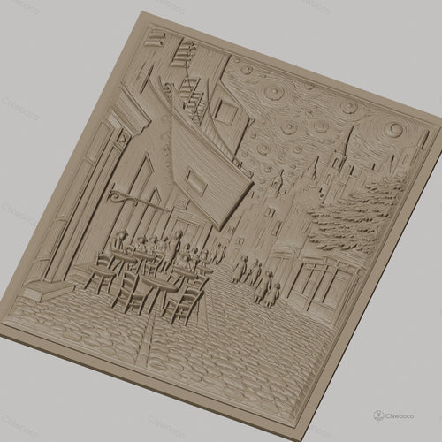 Fichier CNC & impression 3D scène de rue vintage avec café en plein air, bâtiments anciens et ciel étoilé, haute qualité relief STL
