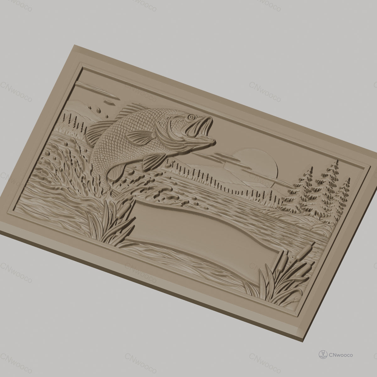 Fichier CNC & impression 3D poisson sautant dans un lac, paysage avec arbres et roseaux, haute qualité relief STL