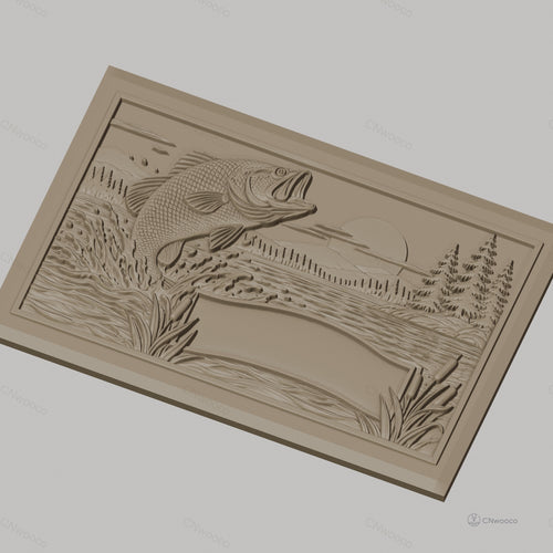 Fichier CNC & impression 3D poisson sautant dans un lac, paysage avec arbres et roseaux, haute qualité relief STL