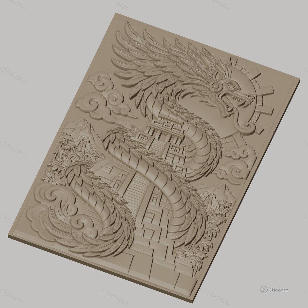 Fichier CNC & impression 3D dragon aztèque, pyramide ancienne et nuages, haute qualité relief STL