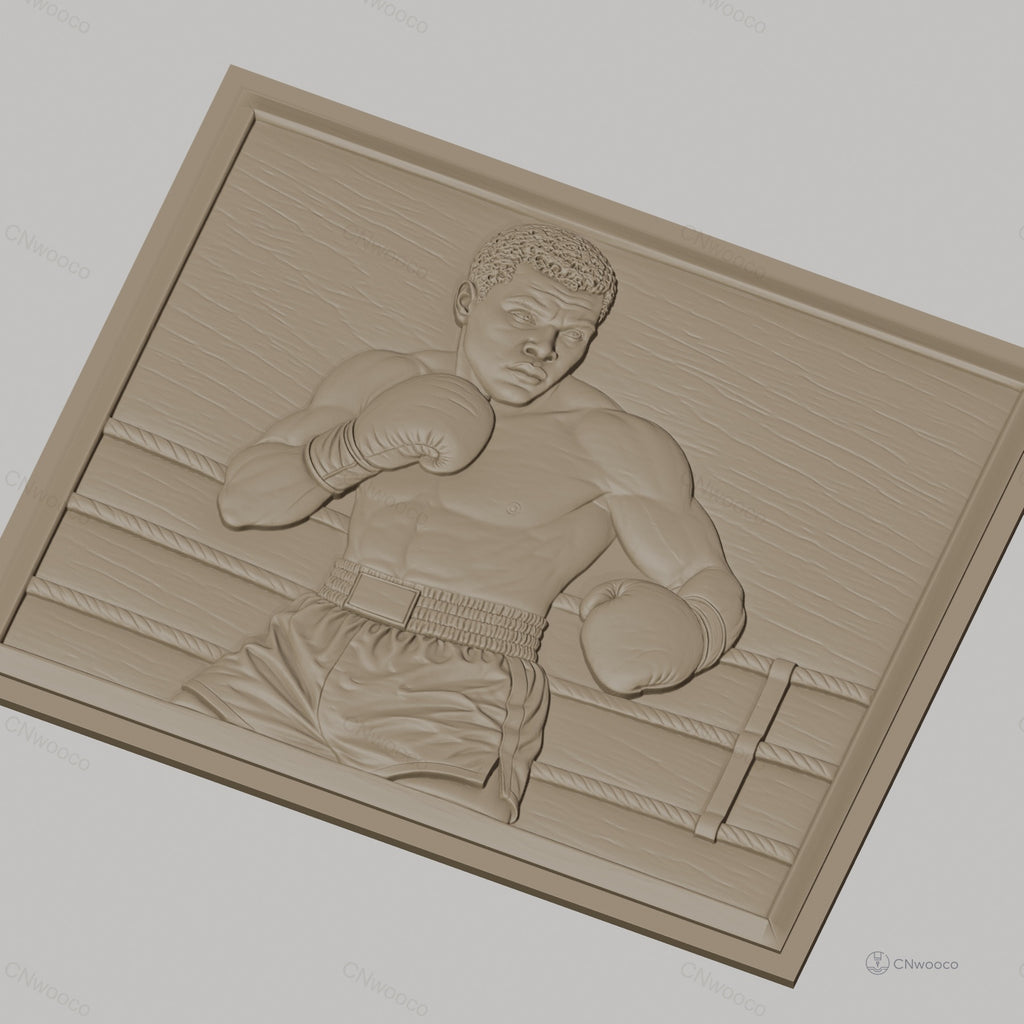 Fichier CNC & impression 3D boxeur dans le ring, gants de boxe, short, style réaliste, haute qualité relief STL