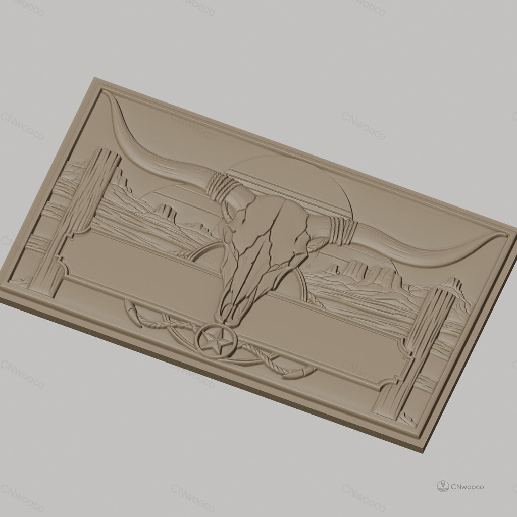 Fichier CNC & impression 3D décoration western, crâne de taureau et paysage désertique, haute qualité relief STL