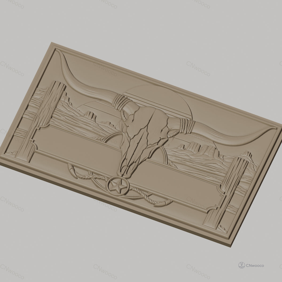 Fichier CNC & impression 3D décoration western, crâne de taureau et paysage désertique, haute qualité relief STL