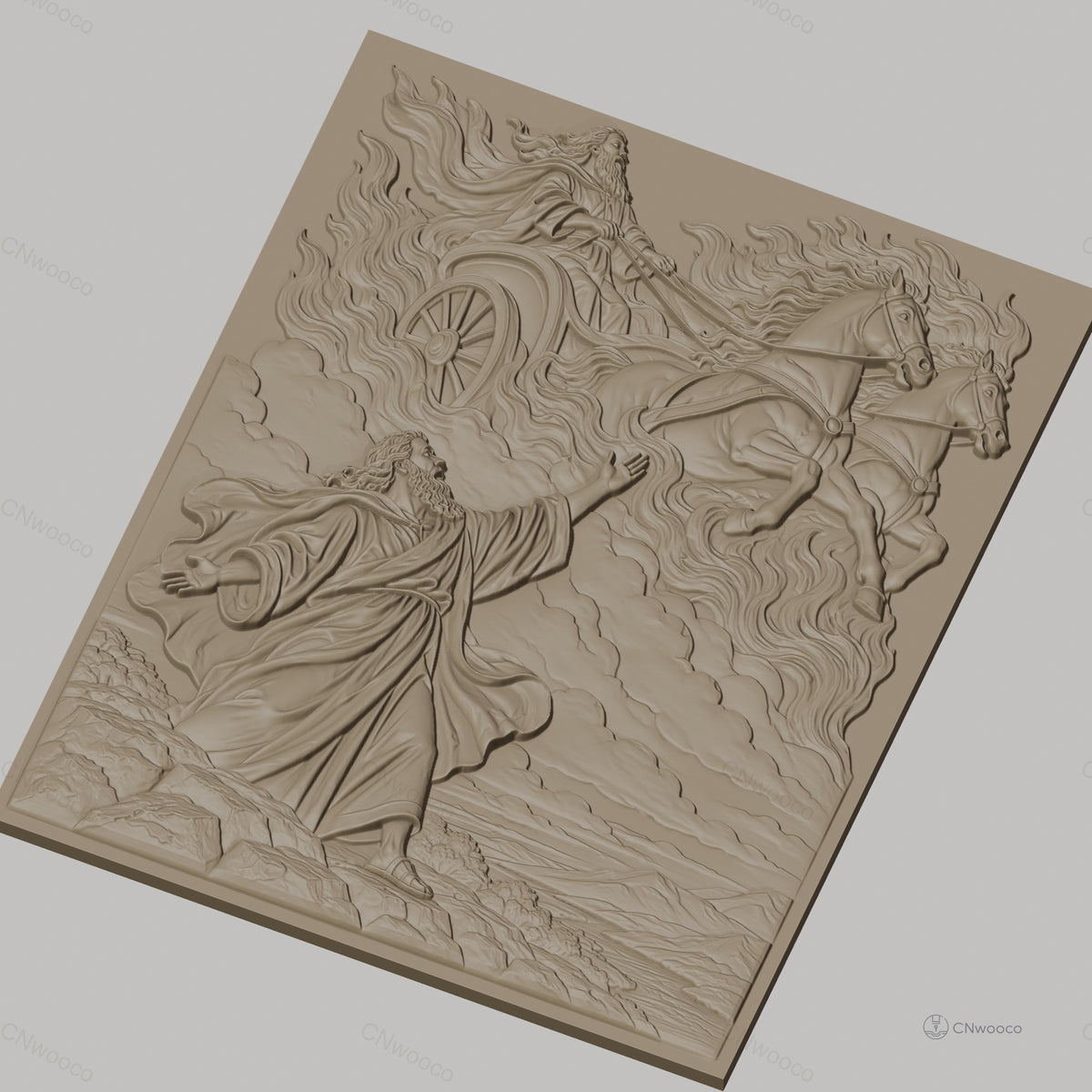 Fichier CNC & impression 3D scène biblique, prophète et char céleste avec chevaux, haute qualité relief STL