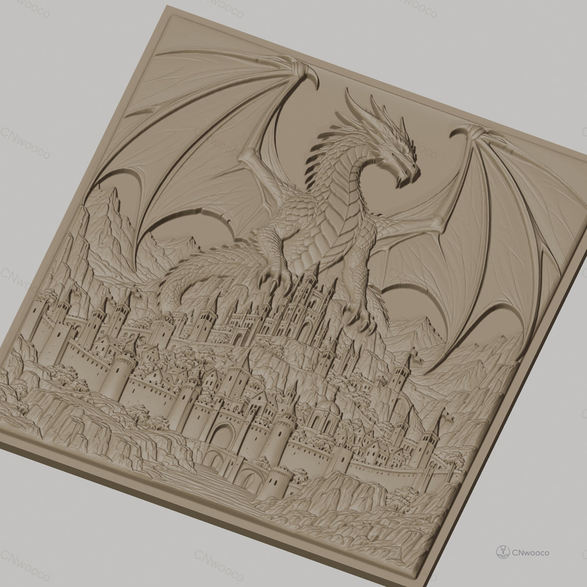 Fichier CNC & impression 3D dragon légendaire et château médiéval, haute qualité relief STL