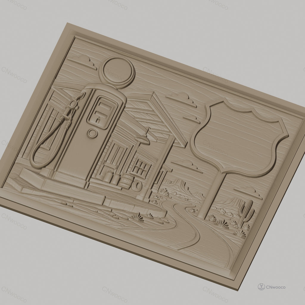 Fichier CNC & impression 3D station essence vintage, route désert cactus, haute qualité relief STL