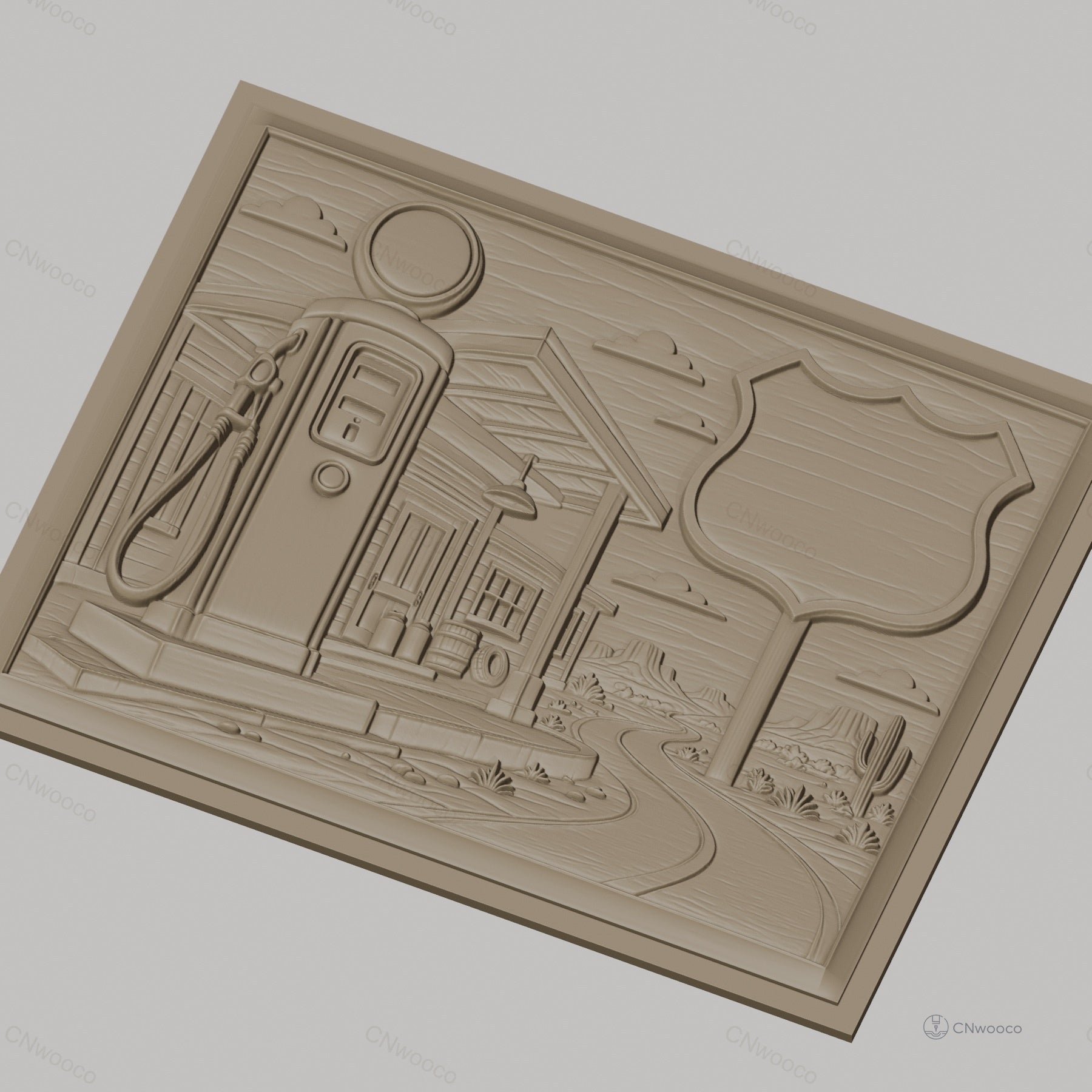 Fichier CNC & impression 3D station essence vintage, route désert cactus, haute qualité relief STL