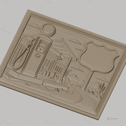 Fichier CNC & impression 3D station essence vintage, route désert cactus, haute qualité relief STL