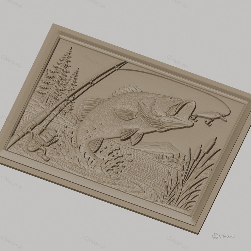 Fichier CNC & impression 3D pêche, poisson sautant, canne à pêche, paysage naturel, haute qualité relief STL