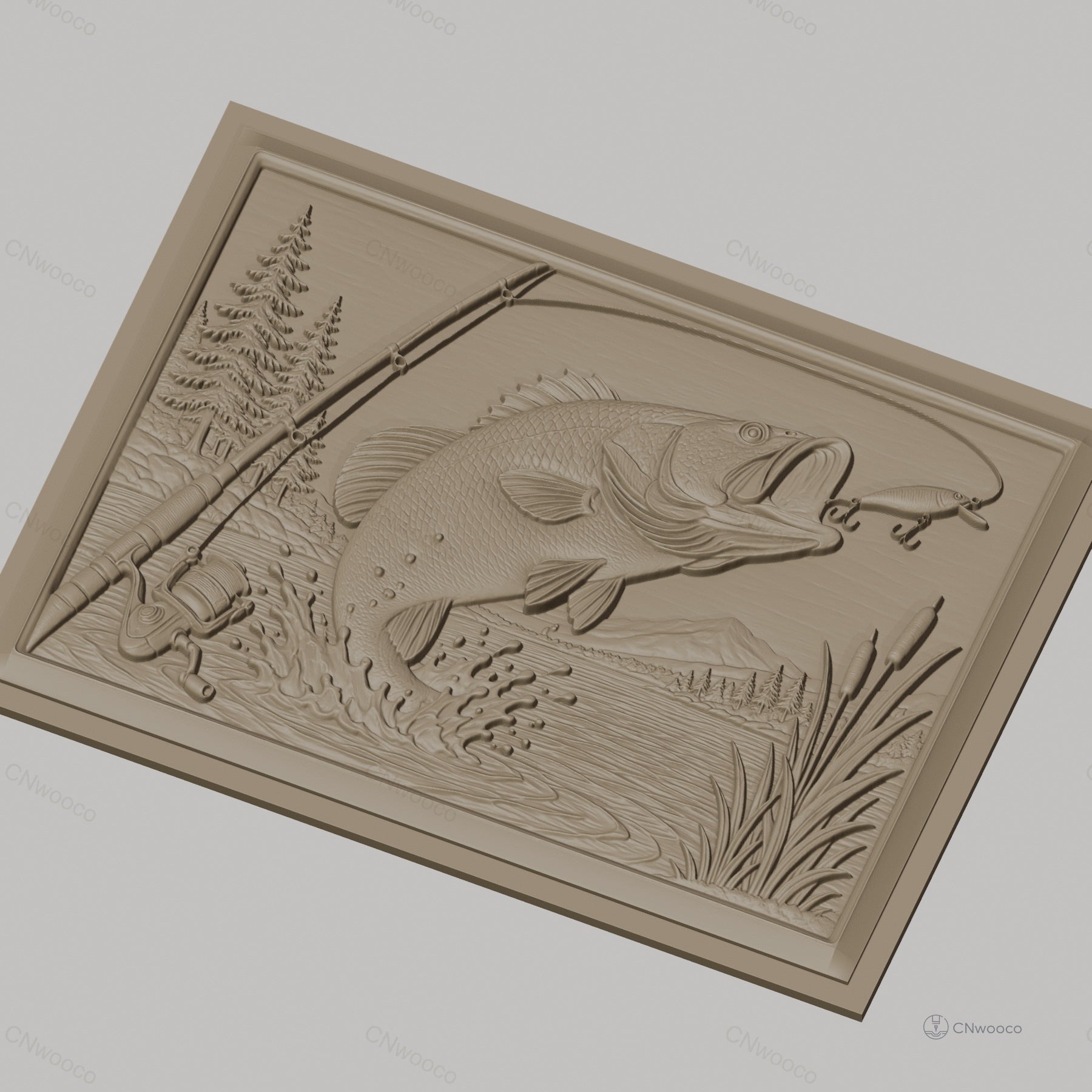 Fichier CNC & impression 3D pêche, poisson sautant, canne à pêche, paysage naturel, haute qualité relief STL