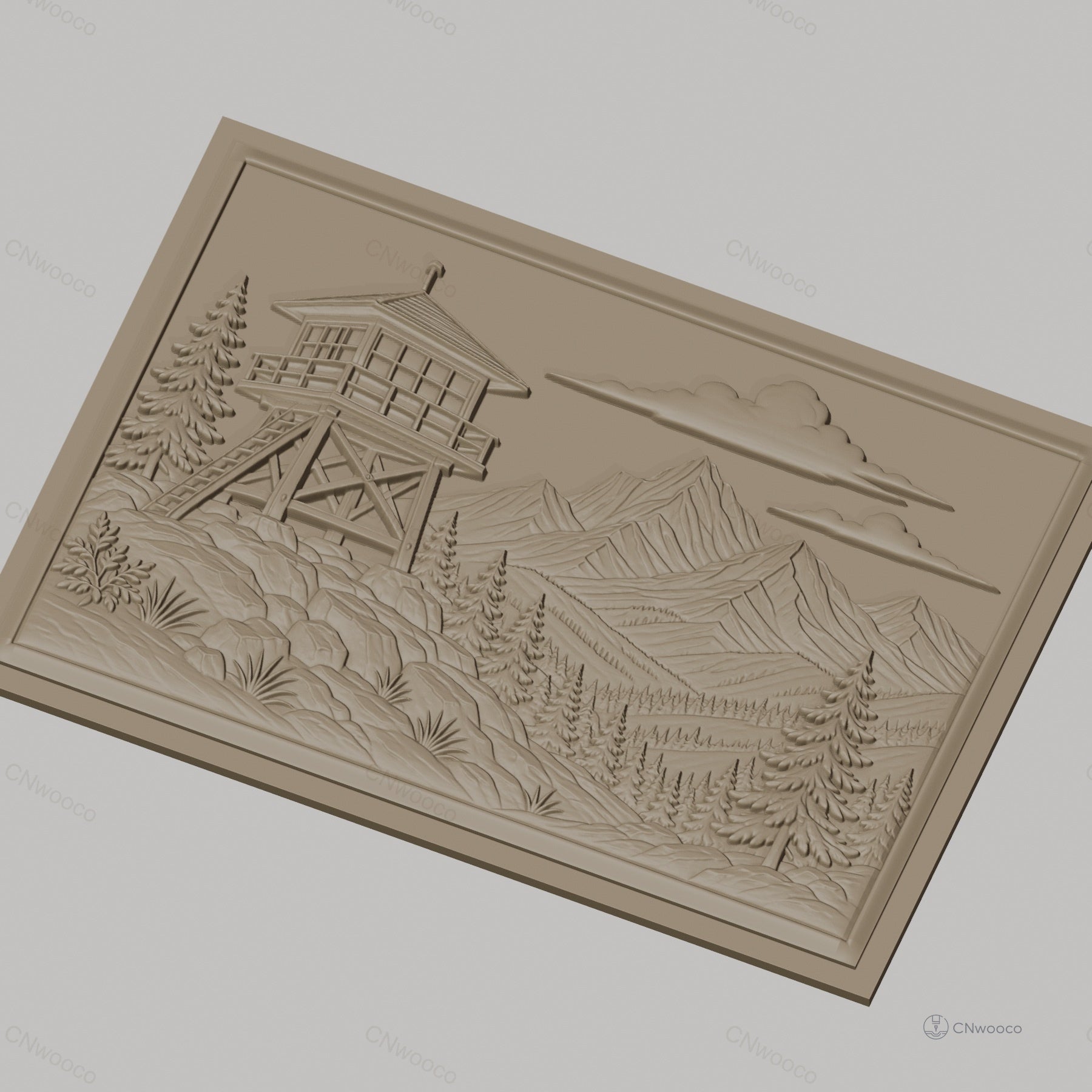Fichier CNC & impression 3D paysage montagne avec tour de guet et forêt, haute qualité relief STL