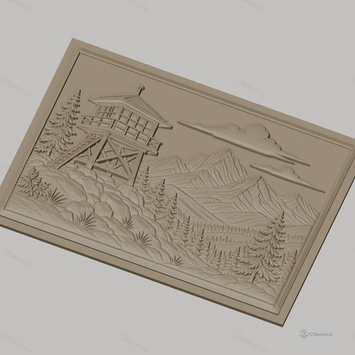 Fichier CNC & impression 3D paysage montagne avec tour de guet et forêt, haute qualité relief STL