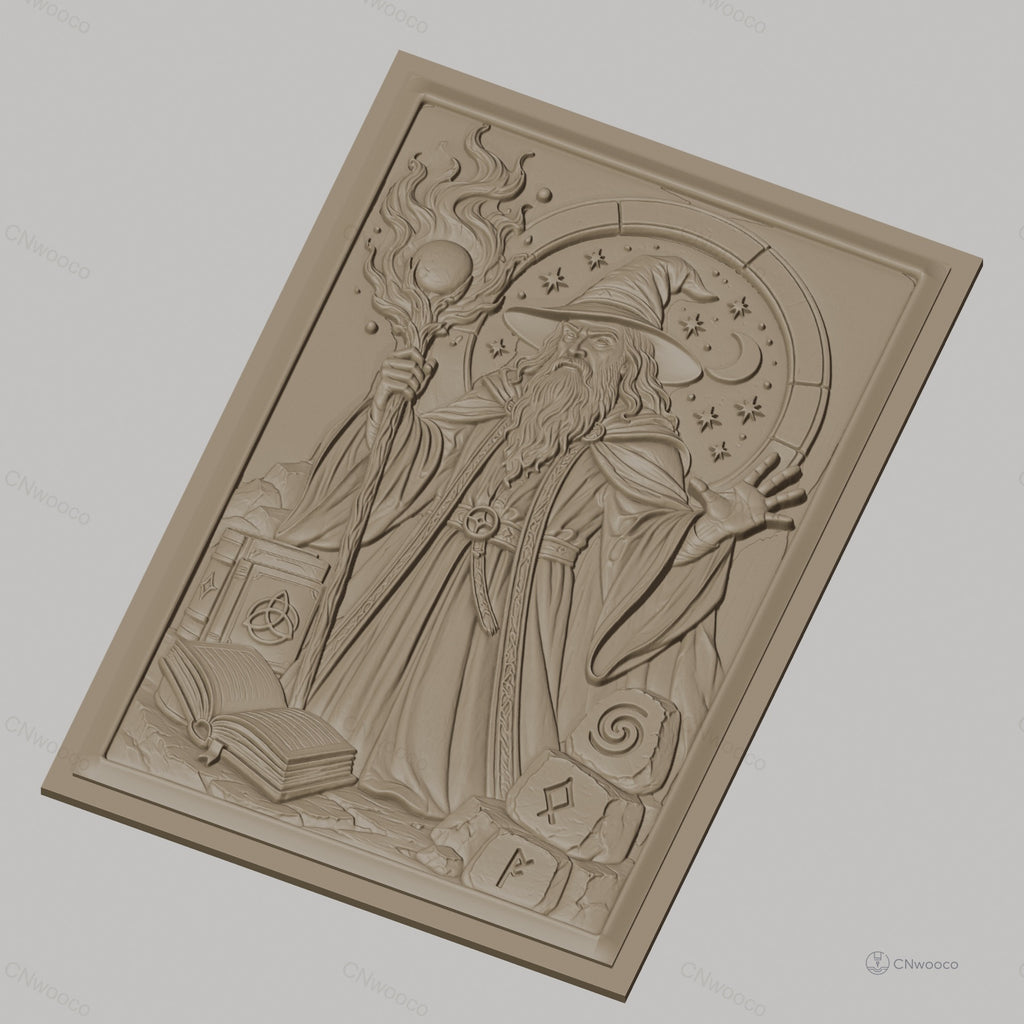 Fichier CNC & impression 3D magicien, bâton magique, livres anciens, symboles mystiques, haute qualité relief STL